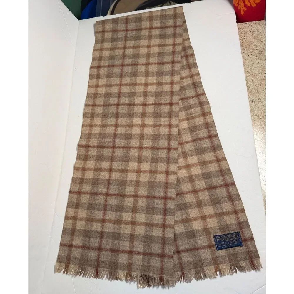 Vintage Pendleton 100% Virgin Wool Plaid Scarf Brown Tan Fringe USA 55"